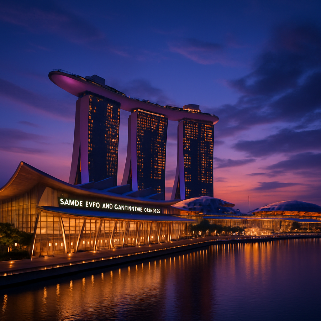 At dusk the stunning Sands Expo and Convention Centre stands majestically against the vibrant skyline of Marina Bay Sands in Singapore The soft glow o
