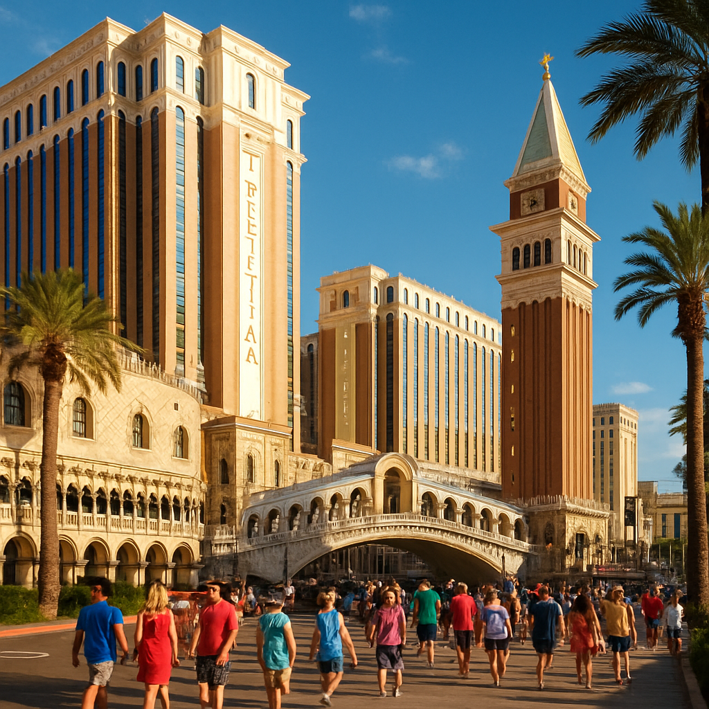 The vibrant Las Vegas Strip unfolds near The Venetian where the grand facade of the hotel gleams under the warm embrace of golden sunlight casting pla