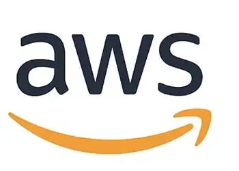 AWS text logo with a curved orange arrow beneath, pointing right. White background.